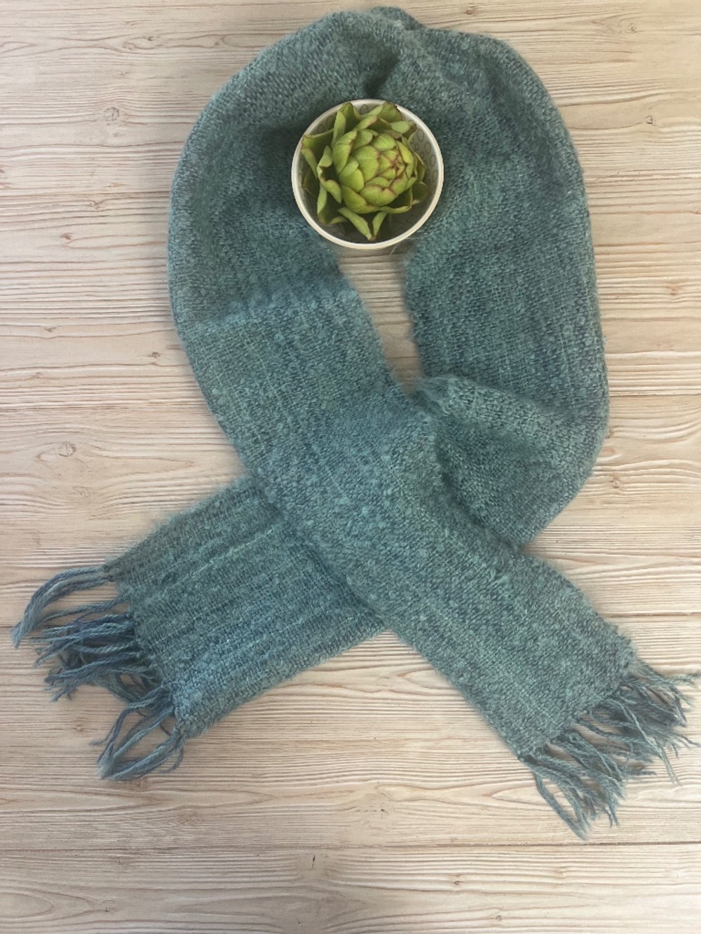 Sara von Tresckow Handwoven Mohair Silk Wool Teal Fringe Scarf